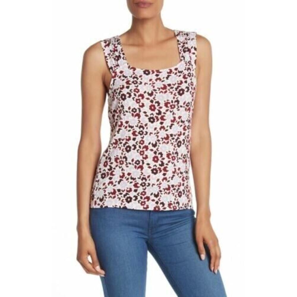 14th & Union Shirred Shoulder Sleeveless Tank Top White Snow Canyon Bloom MD $49